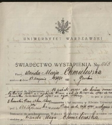 Świadectwo wystąpienia Wandy Chmielewskiej z Uniwersytetu Warszawskiego