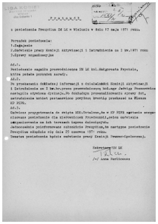 Protok&oacute;ł z posiedzenia Prezydium ZM LK w Wieluniu w dniu 17 maja 1971 r.