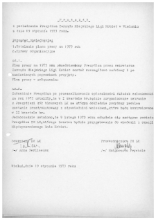 Protok&oacute;ł z posiedzenia Prezydium Zarządu Miejskiego Ligi Kobiet w Wieluniu z dnia 19 stycznia 1973 r.