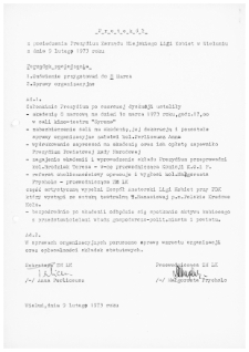 Protok&oacute;ł z posiedzenia Prezydium Zarządu Miejskiego Ligi Kobiet w Wieluniu z dnia 9 lutego 1973 r.