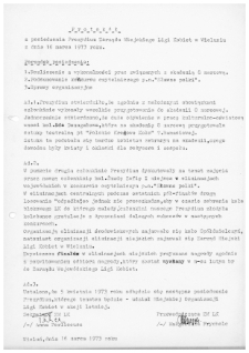 Protok&oacute;ł z posiedzenia Prezydium Zarządu Miejskiego Ligi Kobiet w Wieluniu z dnia 16 marca 1973 r.