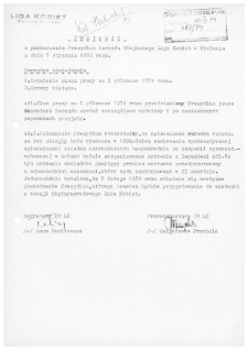 Protok&oacute;ł z posiedzenia Prezydium Zarządu Miejskiego Ligi Kobiet w Wieluniu z dnia 7 stycznia 1974 r.