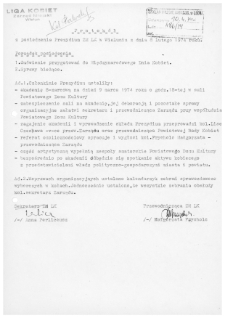 Protok&oacute;ł z posiedzenia Prezydium ZM LK w Wieluniu z dnia 8 lutego 1974 r.