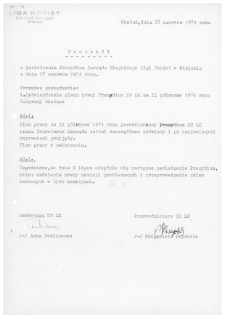 Protok&oacute;ł z posiedzenia Prezydium Zarządu Miejskiego Ligi Kobiet w Wieluniu z dnia 27 czerwca 1974 r.