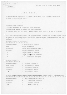 Protok&oacute;ł z posiedzenia Prezydium Zarządu Miejskiego Ligi Kobiet w Wieluniu z dnia 8 lipca 1974 r.