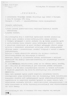 Protok&oacute;ł z posiedzenia Prezydium Zarządu Miejskiego Ligi Kobiet w Wieluniu z dnia 20 sierpnia 1974 r.
