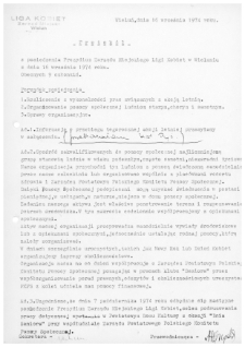Protok&oacute;ł z posiedzenia Prezydium Zarządu Miejskiego Ligi Kobiet w Wieluniu z dnia 16 września 1974 r.
