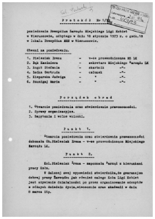 Protok&oacute;ł nr 1/73 posiedzenia Prezydium Zarządu Miejskiego Ligi Kobiet w Wieruszowie, odbytego w dniu 18 stycznia 1973 r. o godz. 18.00 w lokalu Prezydium MRN w Wieruszowie