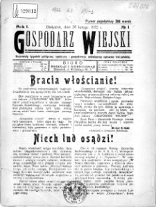 Gospodarz Wiejski : niezawisły tygodnik polityczny, społeczny i gospodarczy, poświęcony sprawom wsi polskiej 1922, nr 1
