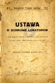 Ustawa o ochronie lokator&oacute;w z dnia 18 grudnia 1920 Dz. U. Rz. P. Nr. 4 z roku 1921 Poz. 19