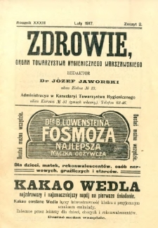 Zdrowie : organ Towarzystwa Hygienicznego Warszawskiego 1917 R.33 zeszyt 2