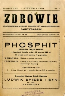 Zdrowie : organ Warszawskiego Towarzystwa Higjenicznego poświęcony higjenie publicznej 1930 R.45 zeszyt 1
