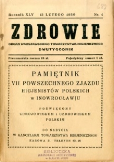 Zdrowie : organ Warszawskiego Towarzystwa Higjenicznego poświęcony higjenie publicznej 1930 R.45 zeszyt 4