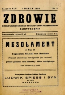 Zdrowie : organ Warszawskiego Towarzystwa Higjenicznego poświęcony higjenie publicznej 1930 R.45 zeszyt 5