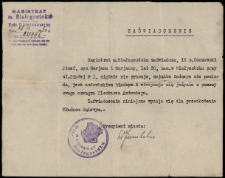 Zaświadczenie Magistratu miasta Białegostoku o nieposiadaniu majątku przez Józefa Koszewskiego (ojca Jerzego Koszewskiego), Białystok, 1930 r.