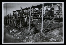 Polscy jeńcy wojenni na tle baraku mieszkalnego w obozie karnym Stalag XVIII C, Markt Pongau, Niemcy, 1942 r.