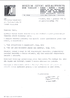 List z Muzeum Sztuki Medalierskiej we Wrocławiu do Stanisława Wakulińskiego, Wrocław, 1 grudnia 1978 r.