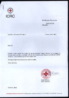 Kopia dokumentów z pobytu Mirosława Wroczyńskiego w obozie Stalag III B przesłana przez Międzynarodowy Komitet Czerwonego Krzyża, Genewa, Szwajcaria, 3 kwietnia 2007 r.