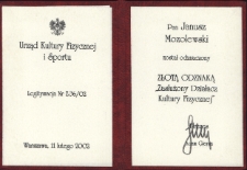 Legitymacja potwierdzająca przyznanie Januszowi Mozolewskiemu przez Urząd Kultury Fizycznej i Sportu złotej odznaki „Zasłużony Działacz Kultury Fizycznej"", Warszawa, 11 lutego 2002 r.
