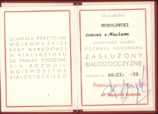 Legitymacja potwierdzająca przyznanie Januszowi Mozolewskiemu przez Przewodniczącego Prezydium Wojewódzkiej Rady Narodowej odznaki honorowej „Zasłużony Białostocczyźnie”, Białystok, 30 listopada 1973 r.