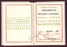 Legitymacja potwierdzająca przyznanie Januszowi Mozolewskiemu srebrnej odznaki „Zasłużony Białostocczyźnie”, Białystok, 11 października 1988 r.