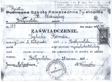 Zaświadczenie Romana Tylickiego o ukończeniu pierwszej klasy w Prywatnej Szkole Powszechnej 3-go stopnia B. Woźnickiej, Białystok, 21 czerwca 1939 r.