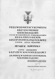 Dyplom nadania Henrykowi Sowińskiemu odznaczenia Krzyża Niepodległości, za pracę w dziale odzyskania niepodległości, 13 czerwca 1931 r.