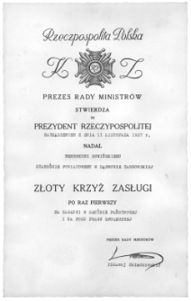 Dyplom nadania Henrykowi Sowińskiemu Złotego Krzyża Zasługi, za osiągnięcia w służbie Państwu i na polu pracy społecznej, 11 listopada 1937 r.