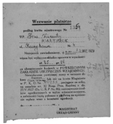 Wezwanie dla Wincentego Prusa, do zapłacenia ubezpieczenia ogniowego za dom przy ul. Koszykowej 4, Białystok, 15 września 1929 r.