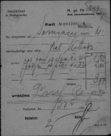 Kwit wystawiony na Sowińskiego Henryka przez Magistrat miasta Białegostoku, 30 maja 1933 r.