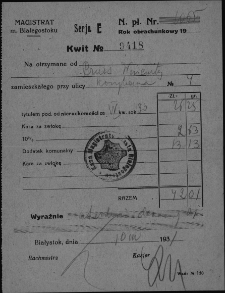 Kwit wystawiony na Wincentego Prusa przez Magistrat miasta Białegostoku tytułem podatku od nieruchomości przy ul. Koszykowej 4, Białystok, 10 marca 1931 r.