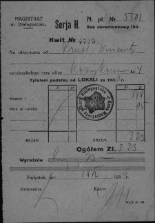 Kwit potwierdzający pobranie podatku lokalowego od Wincentego Prusa zamieszkałego przy ul. Koszykowej 4, Białystok, 18 czerwca 1930 r.