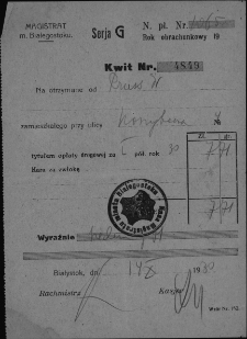 Kwit potwierdzający pobranie opłaty za podatek drogowy od Wincentego Prusa zamieszkałego przy ul. Koszykowej 4, Białystok, 14 października 1930 r.