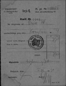 Kwit potwierdzający pobranie opłaty za podatek drogowy od Wincentego Prusa zamieszkałego przy ul. Koszykowej 4, Białystok, 5 listopada 1930 r.