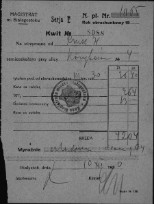 Kwit potwierdzający pobranie opłaty od Wincentego Prusa za podatek od nieruchomości przy ul. Koszykowej 5, Białystok, 10 grudnia 1930 r.