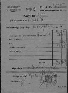 Kwit potwierdzający pobranie opłaty od Wincentego Prusa za podatek od nieruchomości przy ul. Koszykowej 4, Białystok, 27 sierpnia 1930 r.