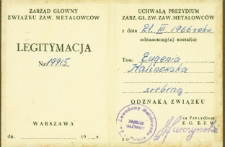 Legitymacja potwierdzająca nadanie Eugenii Kalinowskiej srebrnej odznaki Związku Zawodowego Metalowców, Białystok, 21 marca 1966 r.