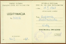 Legitymacja potwierdzająca nadanie Eugenii Kalinowskiej złotej odznaki Związku Zawodowego Metalowców, Białystok, 15 października 1968 r.