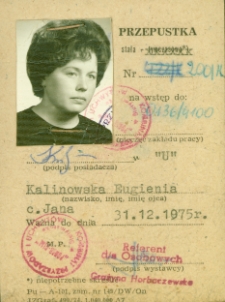 Przepustka na teren Fabryki Przyrządów i Uchwytów należąca do Eugenii Kalinowskiej, Białystok, 1975 r.
