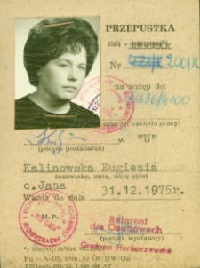 Przepustka na teren Fabryki Przyrząd&oacute;w i Uchwyt&oacute;w należąca do Eugenii Kalinowskiej, Białystok, 1975 r.