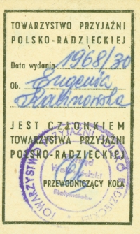 Legitymacja Towarzystwa Przyjaźni Polsko Radzieckiej należąca do Eugenii Kalinowskiej, Białystok, 1968 r.