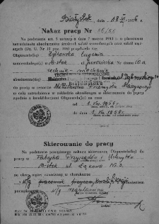 Nakaz i skierowanie do pracy w Fabryce Przyrząd&oacute;w i Uchwyt&oacute;w wystawione przez Technikum Mechaniczne Ministerstwa Przemysłu Drobnego i Rzemiosła, Białystok, 18 czerwca 1956 r.