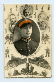 Portret żołnierza, zdjęcie wykonano w atelier fotograficznym na pamiatkę słuzby wojskowej, Białystok, XX w. Fot. Zakład fotograficzny "N. Rubinsztejn"