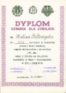 Dyplom uznania dla Haliny P&oacute;łtorzyckiej za XXX lat pracy w Fabryce Przyrząd&oacute;w i Uchwyt&oacute;w, ul. Łąkowa 3, Białystok, 12 listopad 1984 r.