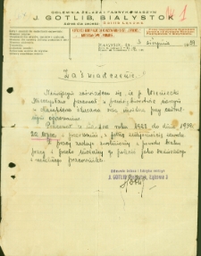 Zaświadczenie potwierdzające zatrudnienie Mieczysława Wienieckiego w fabrytce J. Gotliba, ul. Łąkowa 3, Białystok, 3 sierpień 1939 r.