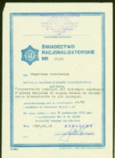 Świadectwo racjonalizatorskie Eugeniusza Rożkiewicza, ul. Łąkowa 3, Białystok, 18 sierpień 1988 r.
