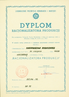 Dyplom racjonalizatora produkcji dla Eugeniusza Rożkiewicza, Warszawa, 22 kwietnia 1972 r.