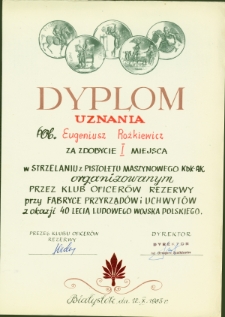 Dyplom uznania w strzelaniu z pistoletu maszynowego dla Eugeniusza Rożkiewicza, Białystok, 12 października 1983 r.