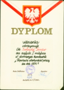 Dyplom dla Teodora Sołowieja za zajęcie I miejsca w konkursie "Poprawmy warunki pracy", Białystok, 1 maj 1975 r.