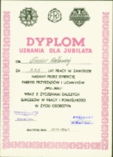 Dyplom za XXX lat pracy w Fabryce Przyrząd&oacute;w i Uchwyt&oacute;w dla Teodora Sołowieja, Białystok, 17 wrzesień 1986 r.